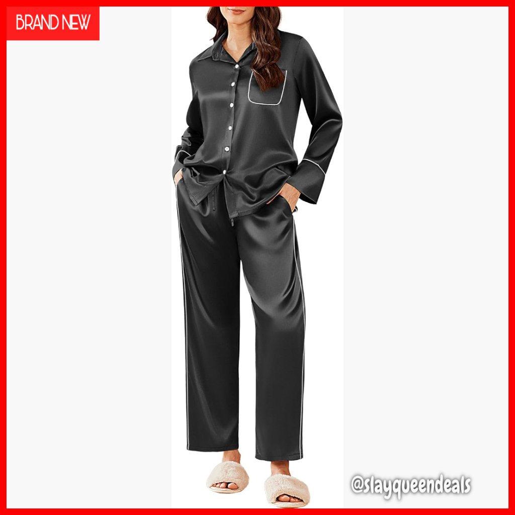 Satin Pajama Set Long Sleeve Button Down Pockets Lounge Sleepwear Xxl